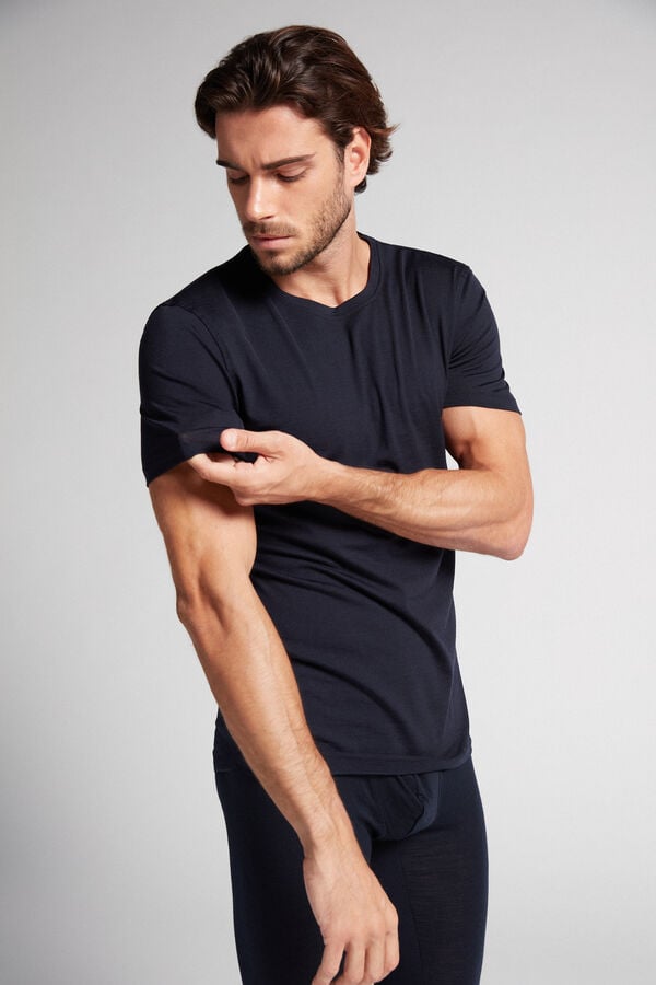 Intimssimi Stretch Merino Wool Short-Sleeve T-Shirt Black | FILUI15809