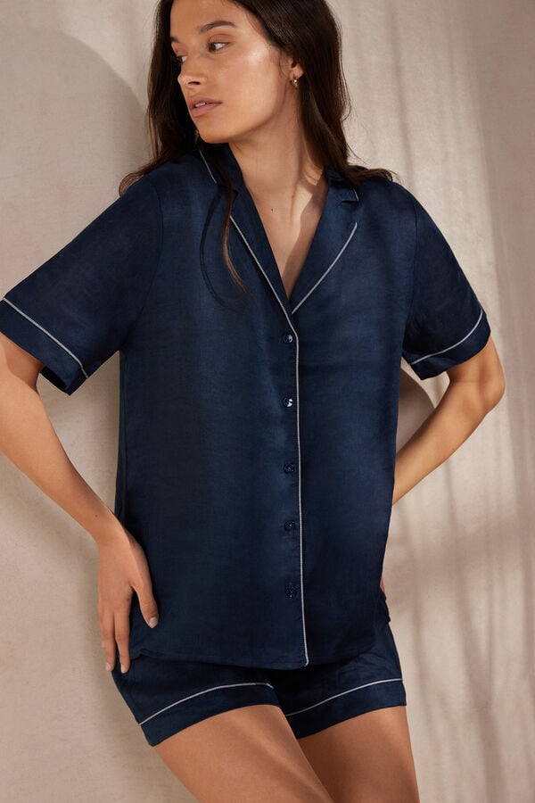 Intimssimi Yacht Night Linen Short Sleeve Shirt Blue | FILUI48877