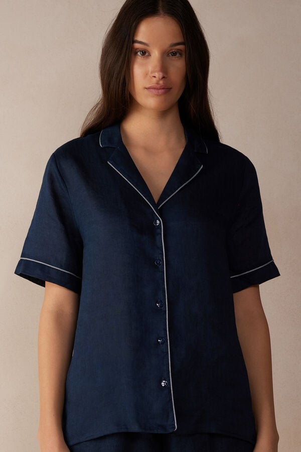 Intimssimi Yacht Night Linen Short Sleeve Shirt Blue | FILUI48877